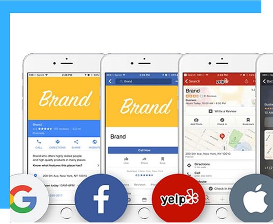Image three cellphones and Google Logo, Facebook Logo, Yelp Logo, Apple Logo at the bottom